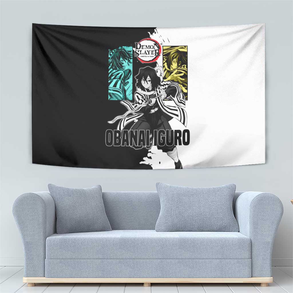 Obanai Iguro from Demon Slayer Tapestry with Black and White Contrast Background and Serpent-Themed Manga Style Design - The Mazicc