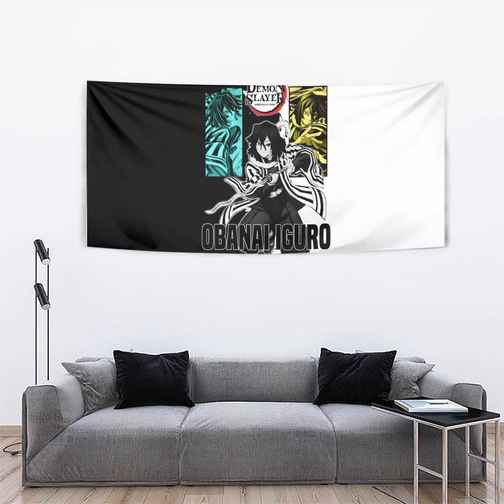 Obanai Iguro from Demon Slayer Tapestry with Black and White Contrast Background and Serpent-Themed Manga Style Design - The Mazicc