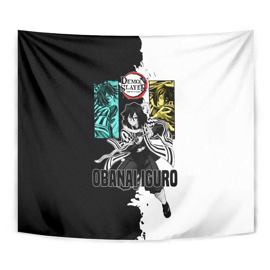 Obanai Iguro from Demon Slayer Tapestry with Black and White Contrast Background and Serpent-Themed Manga Style Design - The Mazicc