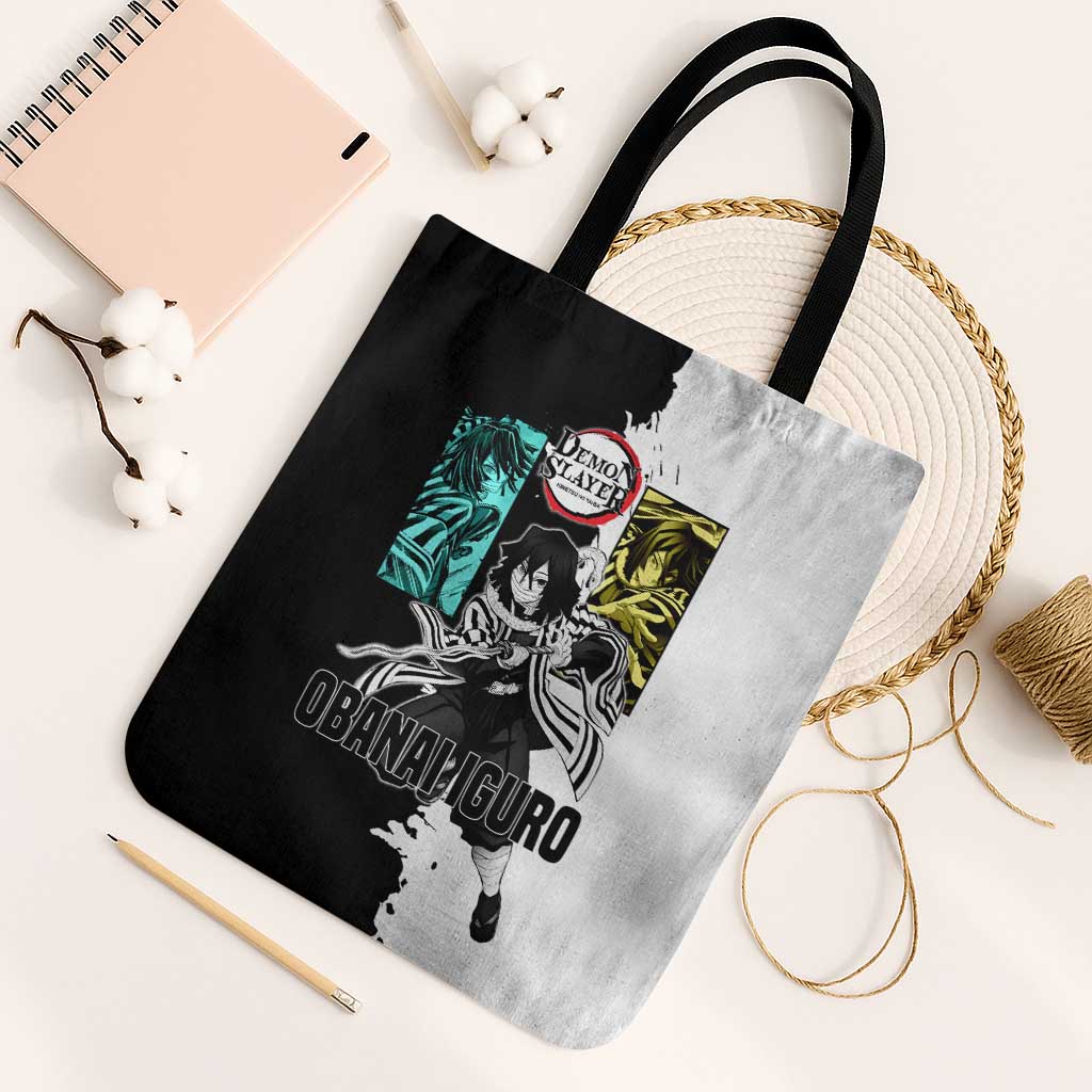 Obanai Iguro from Demon Slayer Tote Bag with Black and White Contrast Background and Serpent-Themed Manga Style Design - The Mazicc