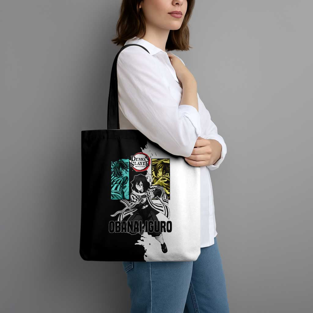 Obanai Iguro from Demon Slayer Tote Bag with Black and White Contrast Background and Serpent-Themed Manga Style Design - The Mazicc