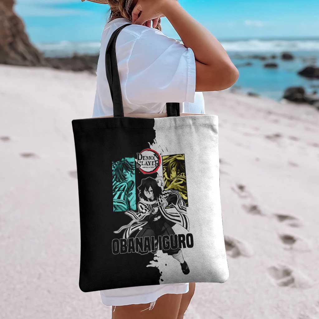 Obanai Iguro from Demon Slayer Tote Bag with Black and White Contrast Background and Serpent-Themed Manga Style Design - The Mazicc