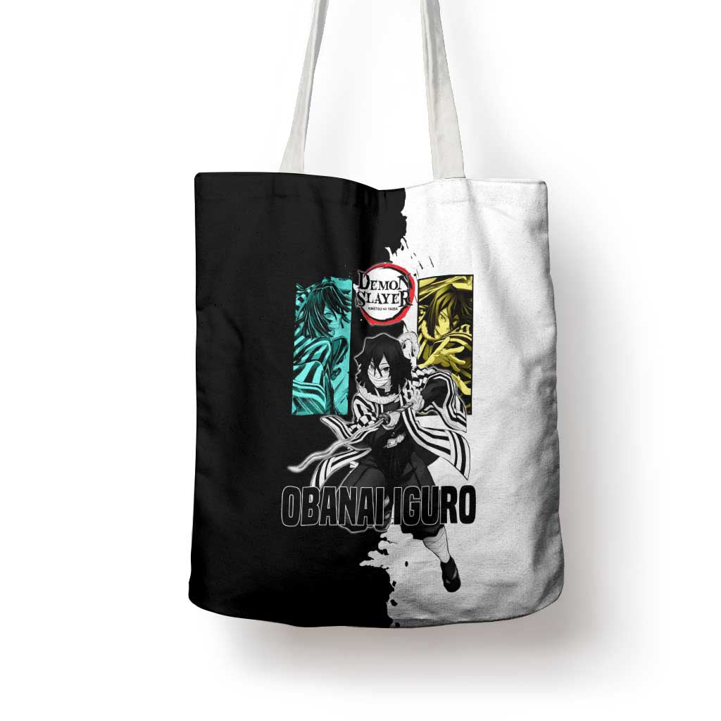 Obanai Iguro from Demon Slayer Tote Bag with Black and White Contrast Background and Serpent-Themed Manga Style Design - The Mazicc