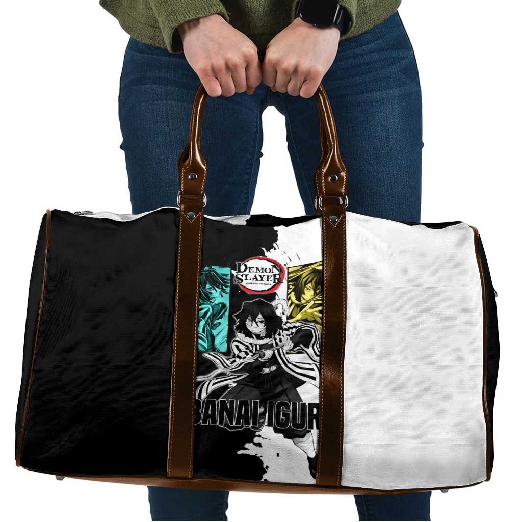 Obanai Iguro from Demon Slayer Travel Bag with Black and White Contrast Background and Serpent-Themed Manga Style Design - The Mazicc
