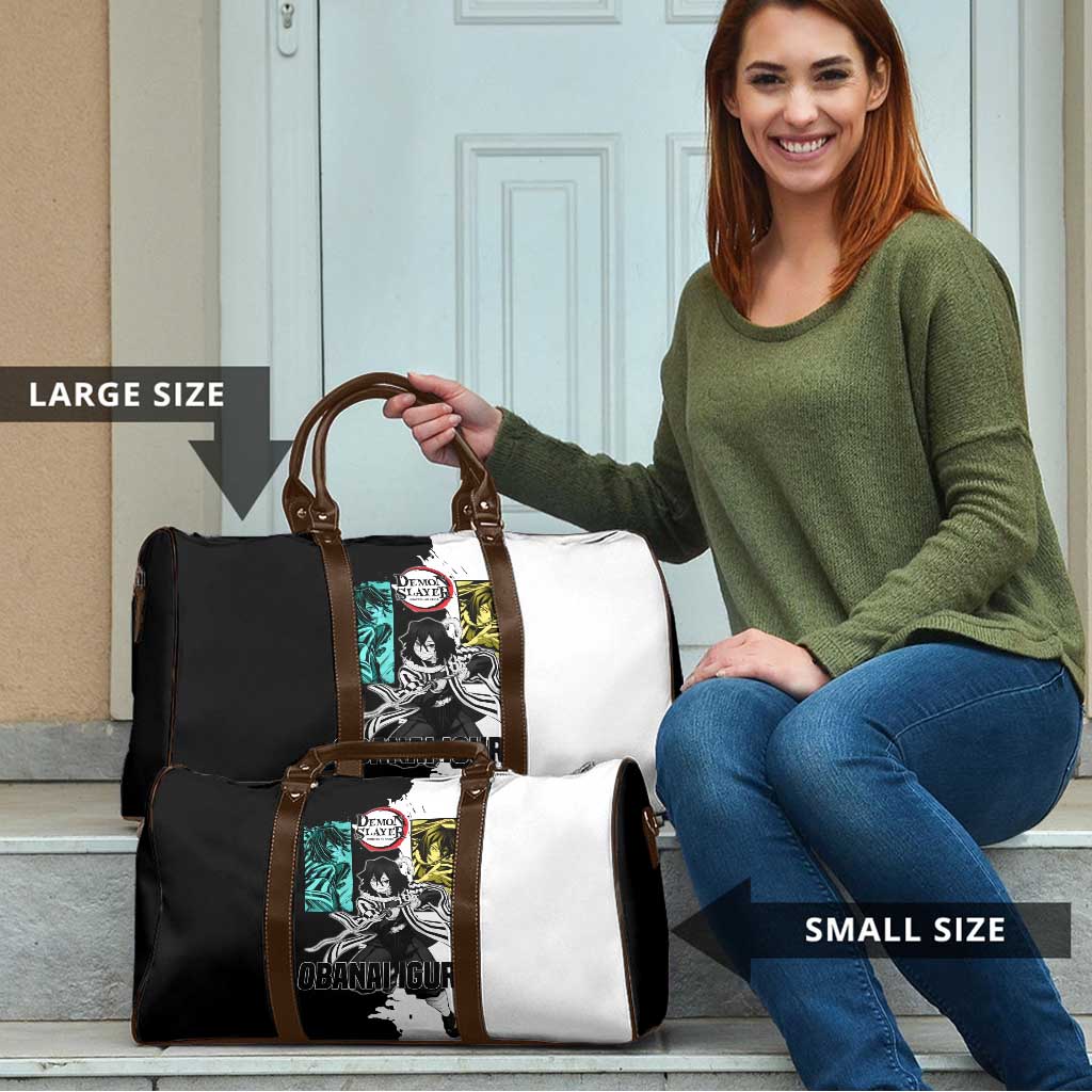 Obanai Iguro from Demon Slayer Travel Bag with Black and White Contrast Background and Serpent-Themed Manga Style Design - The Mazicc