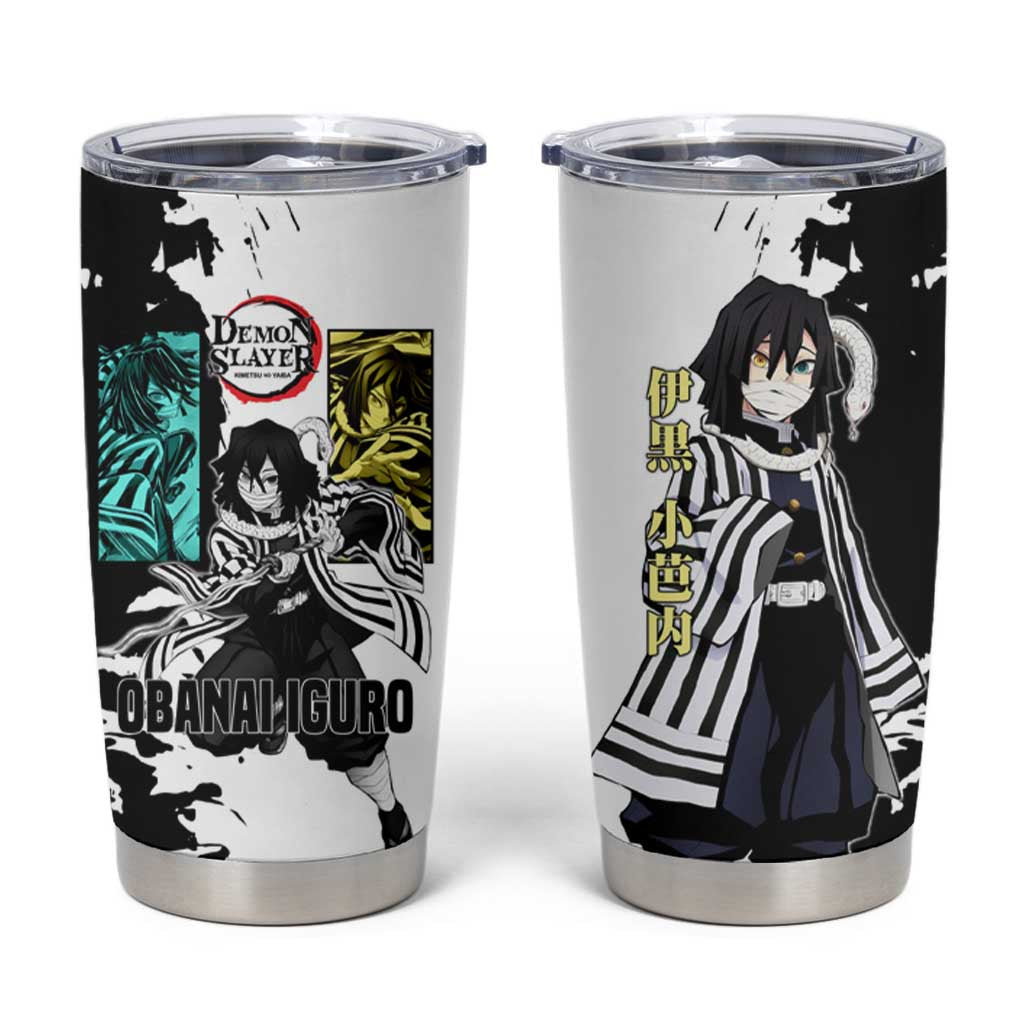 Obanai Iguro from Demon Slayer Tumbler Cup with Black and White Contrast Background and Serpent-Themed Manga Style Design - The Mazicc