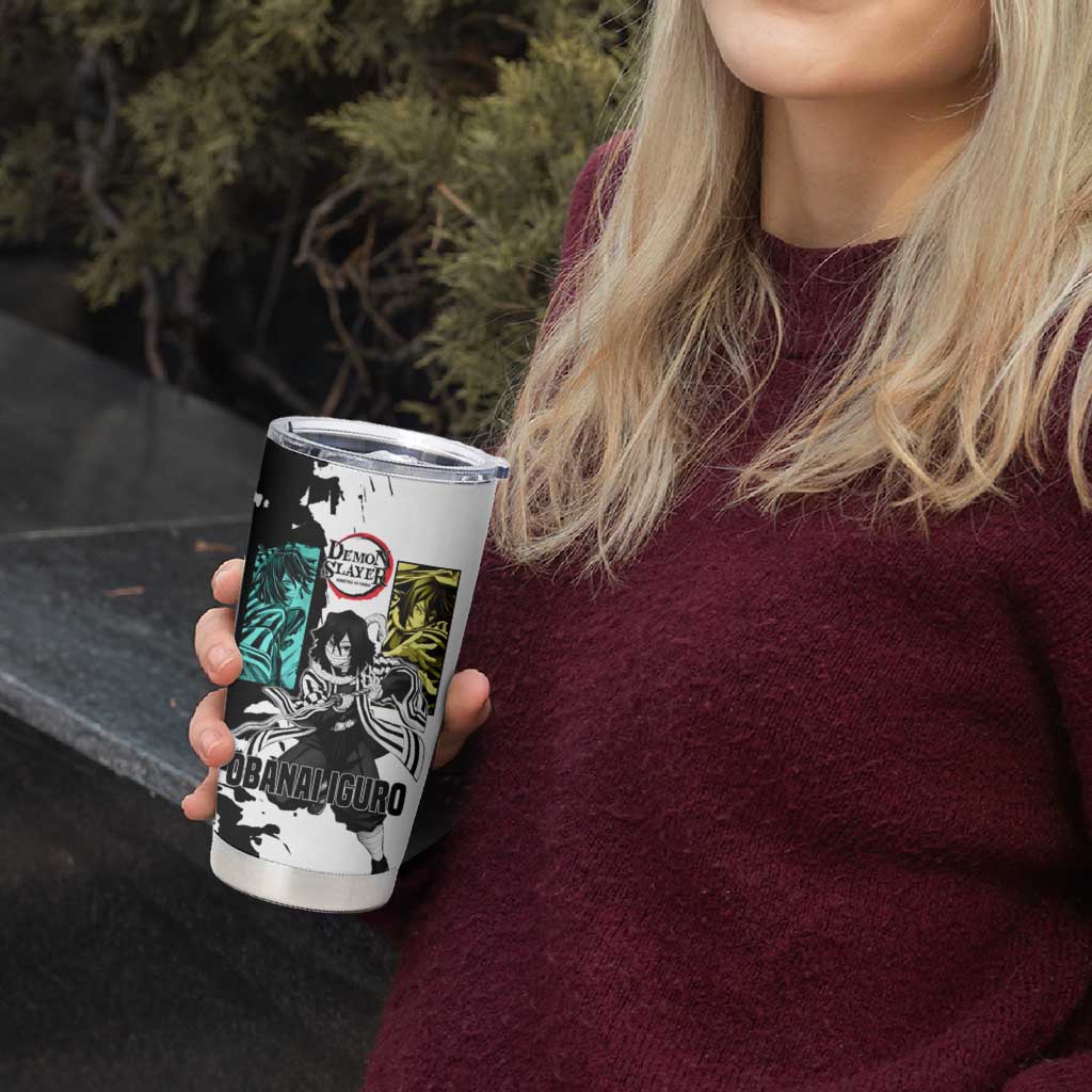 Obanai Iguro from Demon Slayer Tumbler Cup with Black and White Contrast Background and Serpent-Themed Manga Style Design - The Mazicc