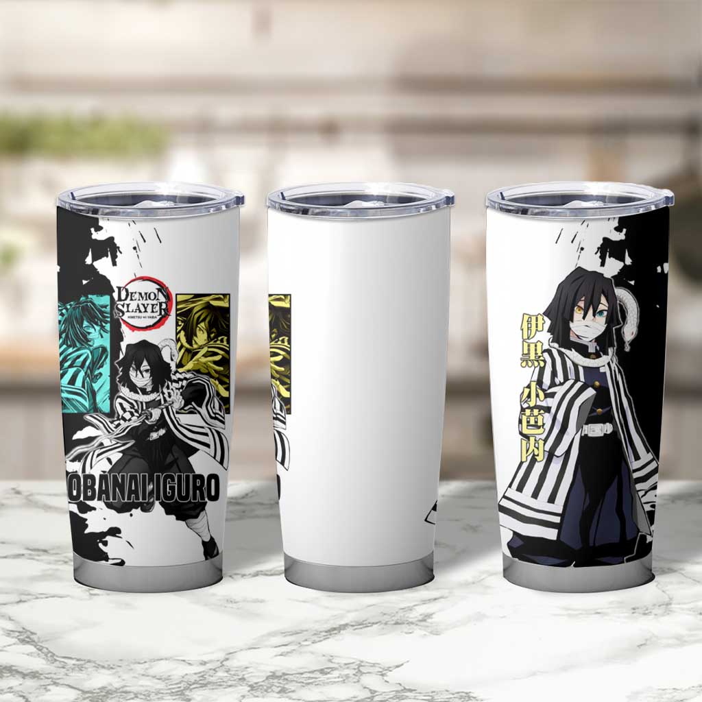 Obanai Iguro from Demon Slayer Tumbler Cup with Black and White Contrast Background and Serpent-Themed Manga Style Design - The Mazicc