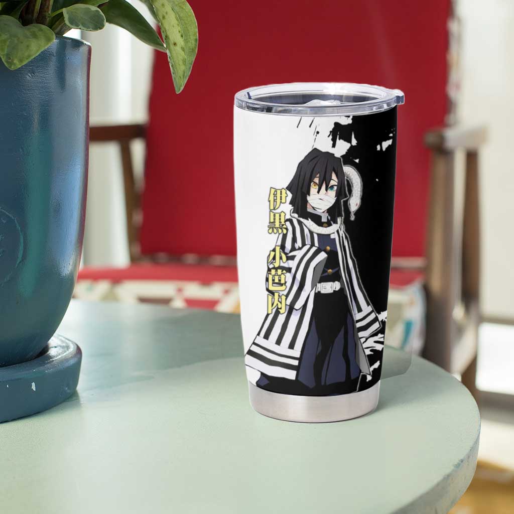Obanai Iguro from Demon Slayer Tumbler Cup with Black and White Contrast Background and Serpent-Themed Manga Style Design - The Mazicc