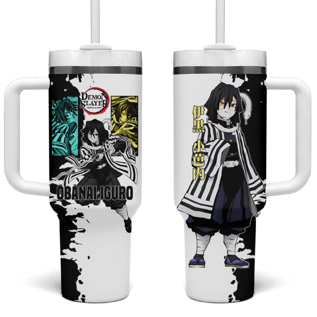 Obanai Iguro from Demon Slayer Tumbler With Handle with Black and White Contrast Background and Serpent-Themed Manga Style Design - The Mazicc