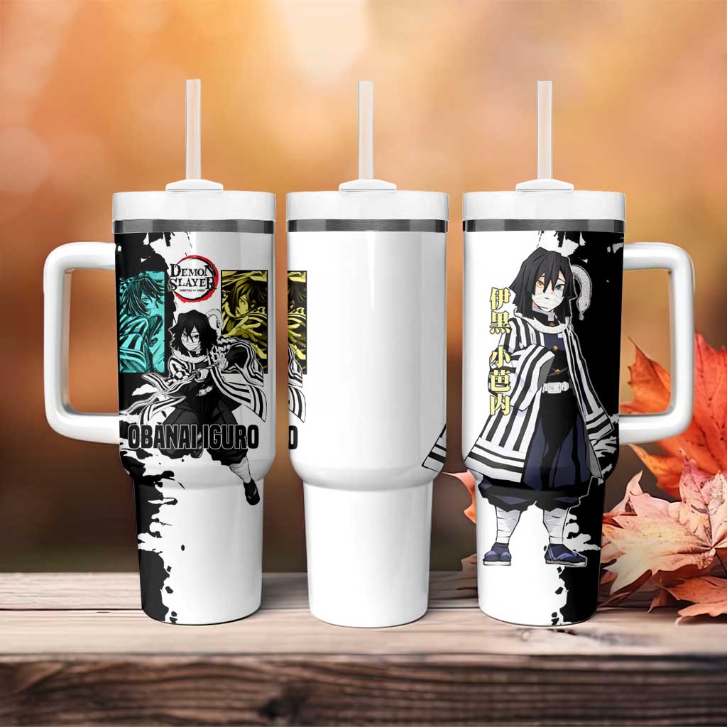 Obanai Iguro from Demon Slayer Tumbler With Handle with Black and White Contrast Background and Serpent-Themed Manga Style Design - The Mazicc