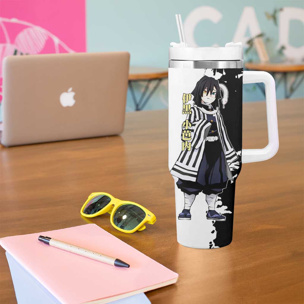 Obanai Iguro from Demon Slayer Tumbler With Handle with Black and White Contrast Background and Serpent-Themed Manga Style Design - The Mazicc