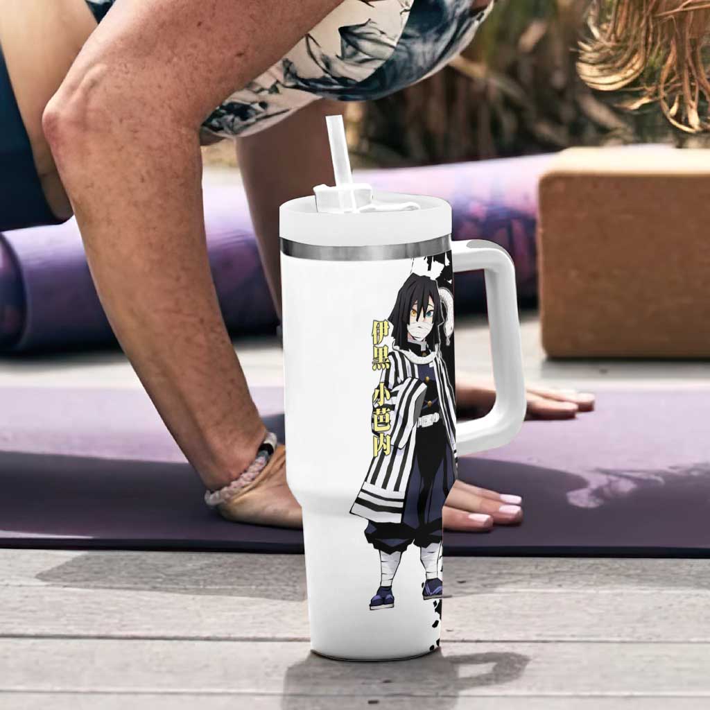 Obanai Iguro from Demon Slayer Tumbler With Handle with Black and White Contrast Background and Serpent-Themed Manga Style Design - The Mazicc