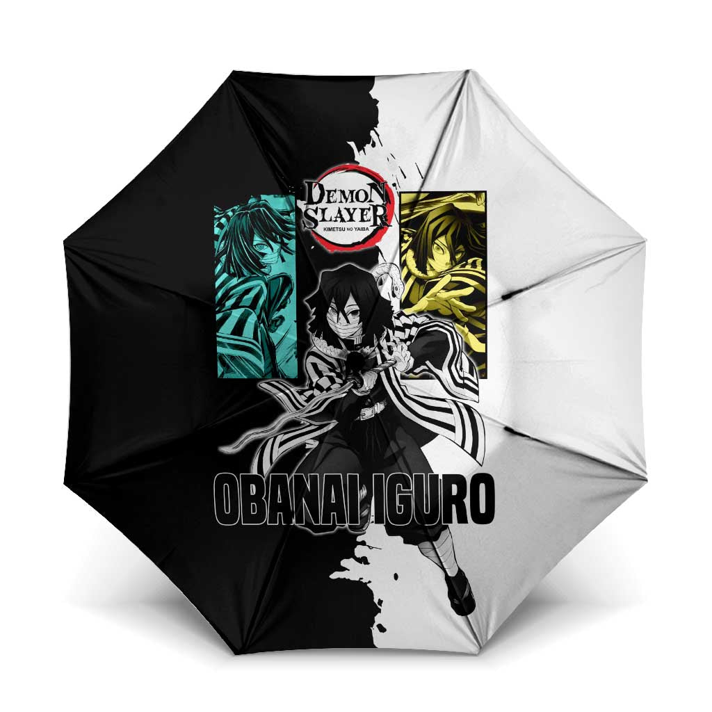 Obanai Iguro from Demon Slayer Umbrella with Black and White Contrast Background and Serpent-Themed Manga Style Design - The Mazicc