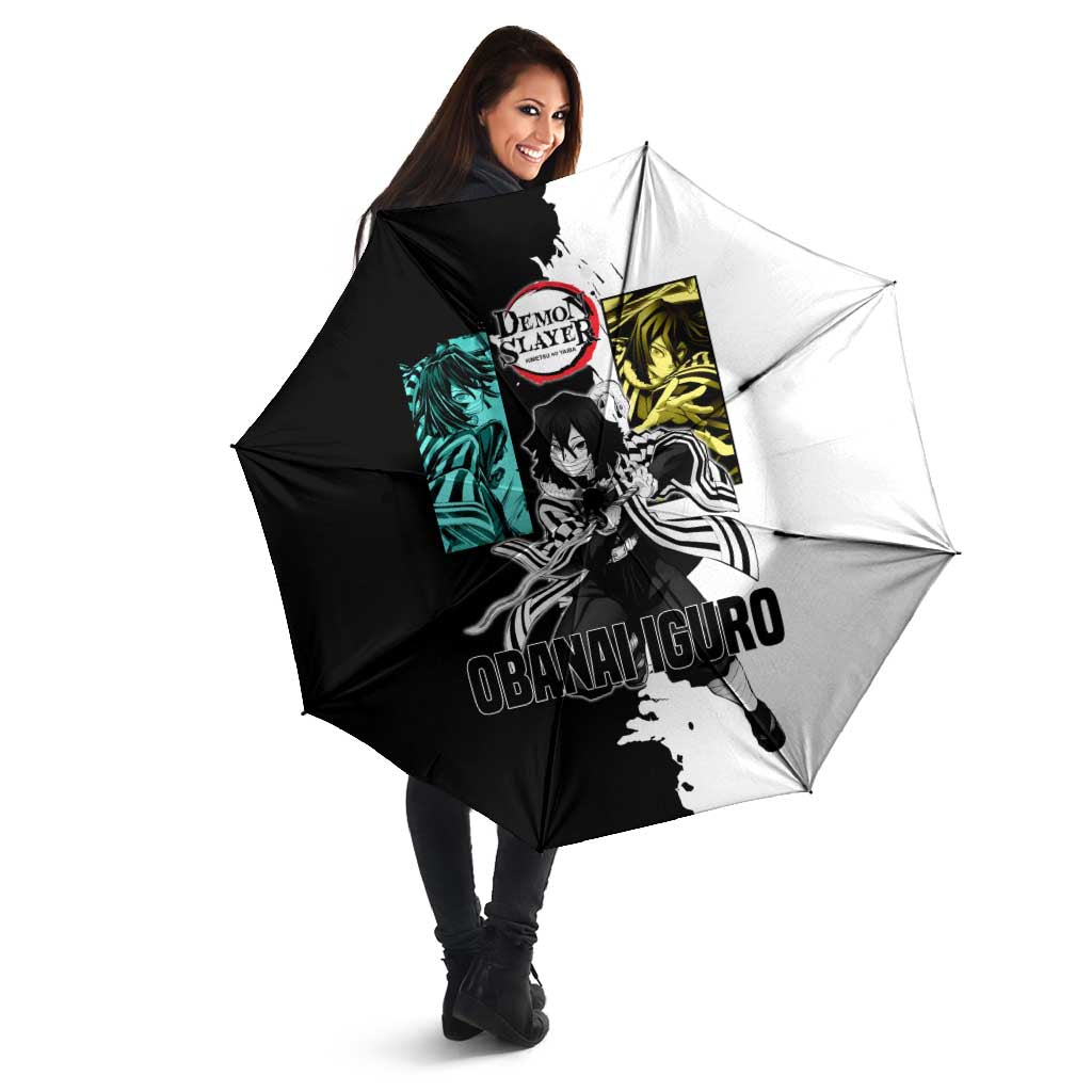 Obanai Iguro from Demon Slayer Umbrella with Black and White Contrast Background and Serpent-Themed Manga Style Design - The Mazicc