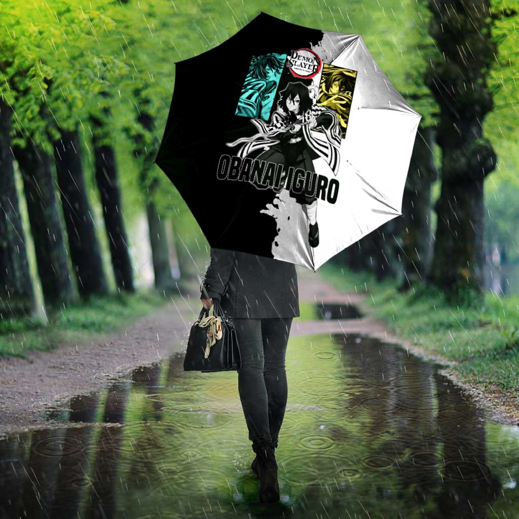 Obanai Iguro from Demon Slayer Umbrella with Black and White Contrast Background and Serpent-Themed Manga Style Design - The Mazicc