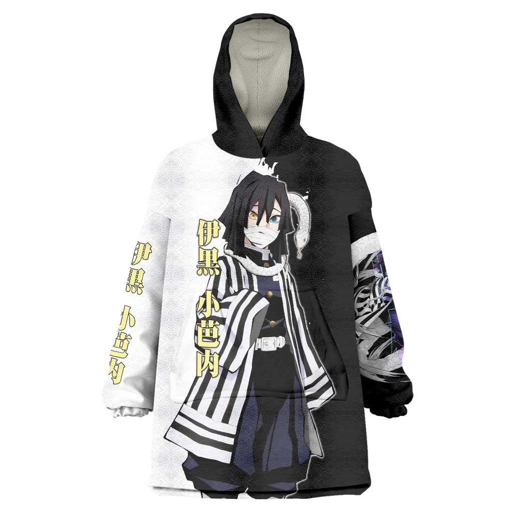 Obanai Iguro from Demon Slayer Wearable Blanket Hoodie with Black and White Contrast Background and Serpent-Themed Manga Style Design - The Mazicc