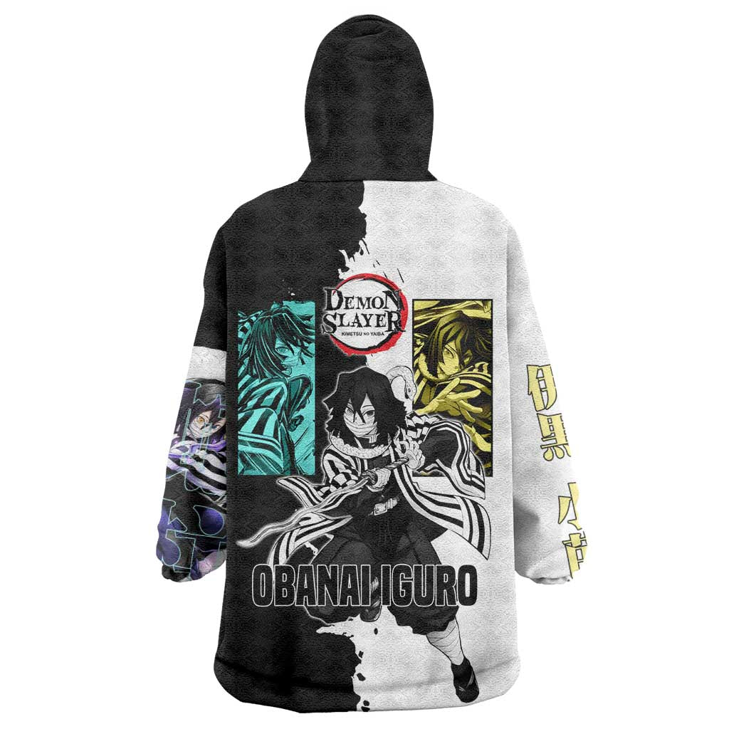 Obanai Iguro from Demon Slayer Wearable Blanket Hoodie with Black and White Contrast Background and Serpent-Themed Manga Style Design - The Mazicc