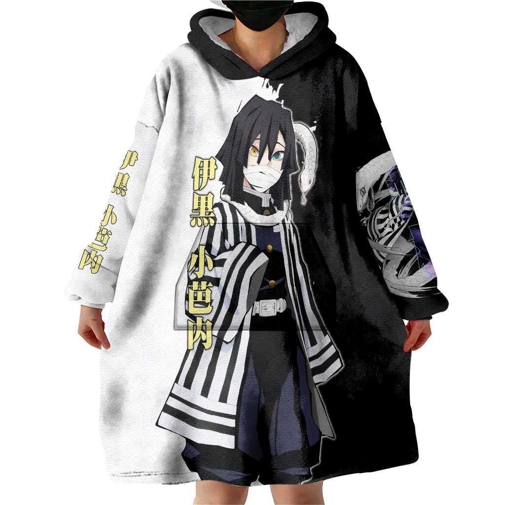 Obanai Iguro from Demon Slayer Wearable Blanket Hoodie with Black and White Contrast Background and Serpent-Themed Manga Style Design - The Mazicc