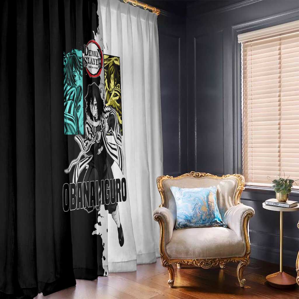Obanai Iguro from Demon Slayer Window Curtain with Black and White Contrast Background and Serpent-Themed Manga Style Design - The Mazicc