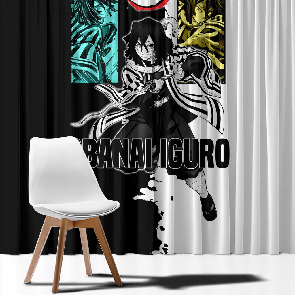 Obanai Iguro from Demon Slayer Window Curtain with Black and White Contrast Background and Serpent-Themed Manga Style Design - The Mazicc