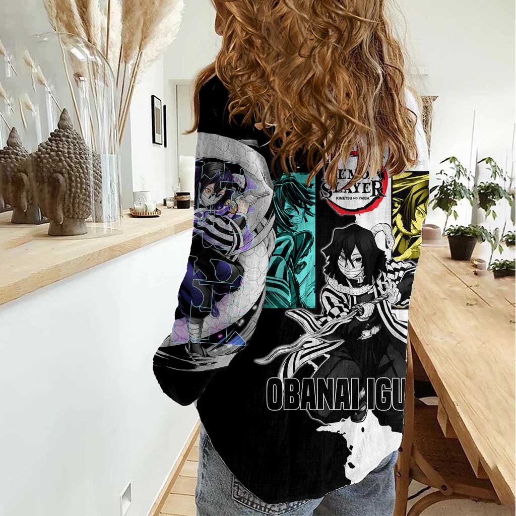 Obanai Iguro from Demon Slayer Women Casual Shirt with Black and White Contrast Background and Serpent-Themed Manga Style Design - The Mazicc