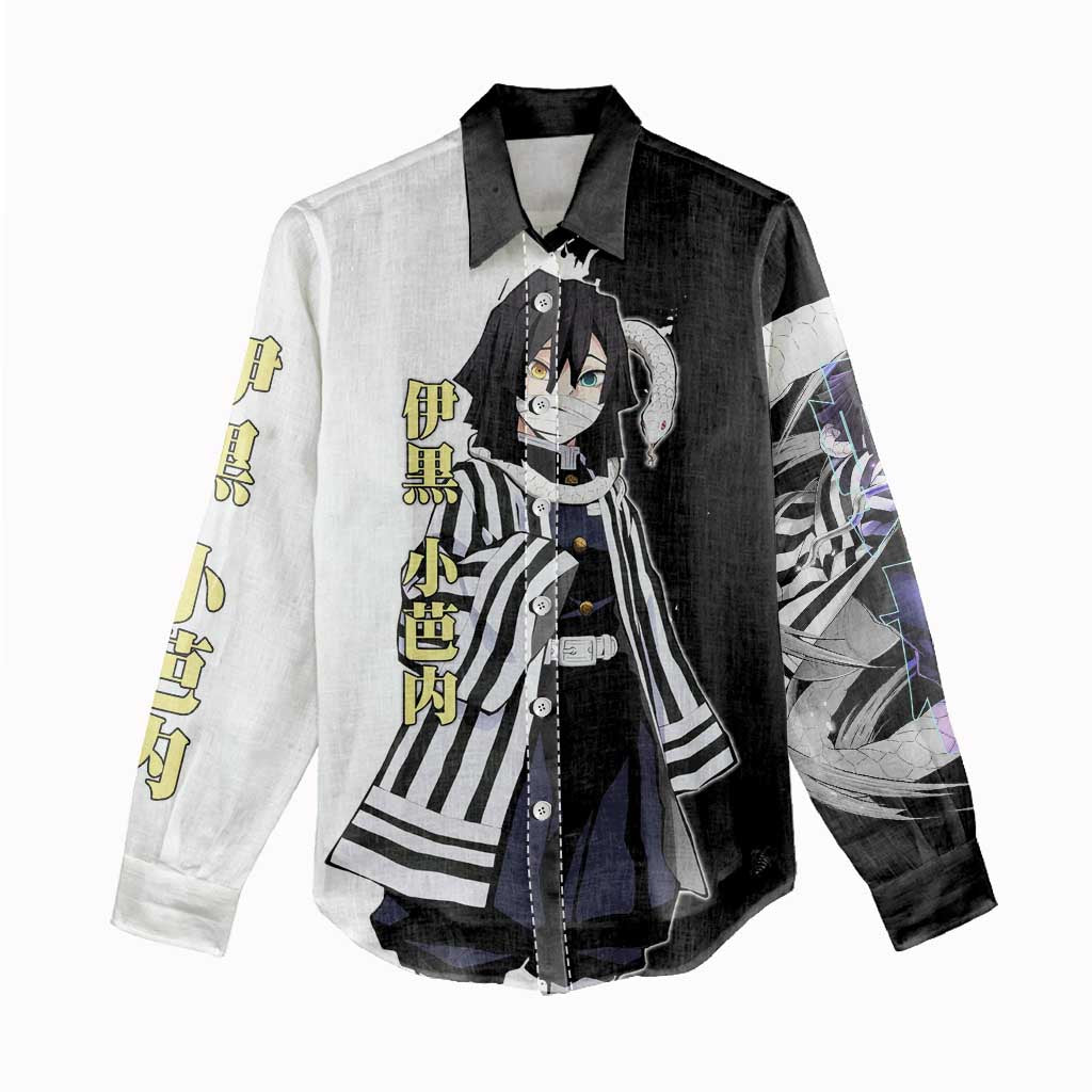 Obanai Iguro from Demon Slayer Women Casual Shirt with Black and White Contrast Background and Serpent-Themed Manga Style Design - The Mazicc