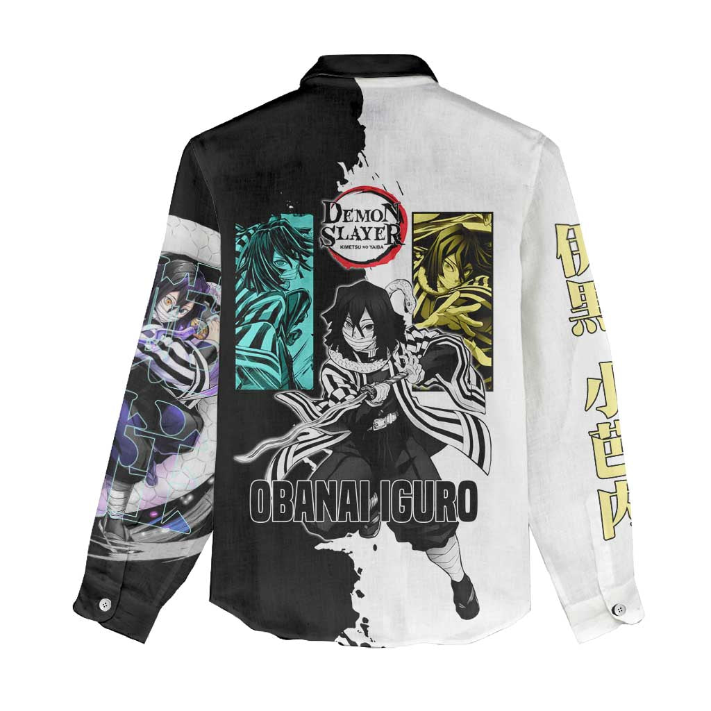 Obanai Iguro from Demon Slayer Women Casual Shirt with Black and White Contrast Background and Serpent-Themed Manga Style Design - The Mazicc