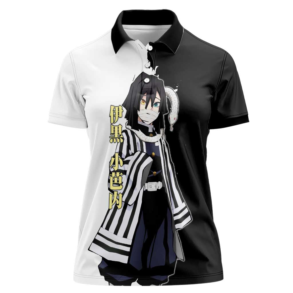 Obanai Iguro from Demon Slayer Women Polo Shirt with Black and White Contrast Background and Serpent-Themed Manga Style Design - The Mazicc
