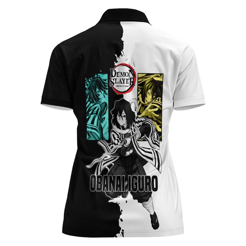 Obanai Iguro from Demon Slayer Women Polo Shirt with Black and White Contrast Background and Serpent-Themed Manga Style Design - The Mazicc