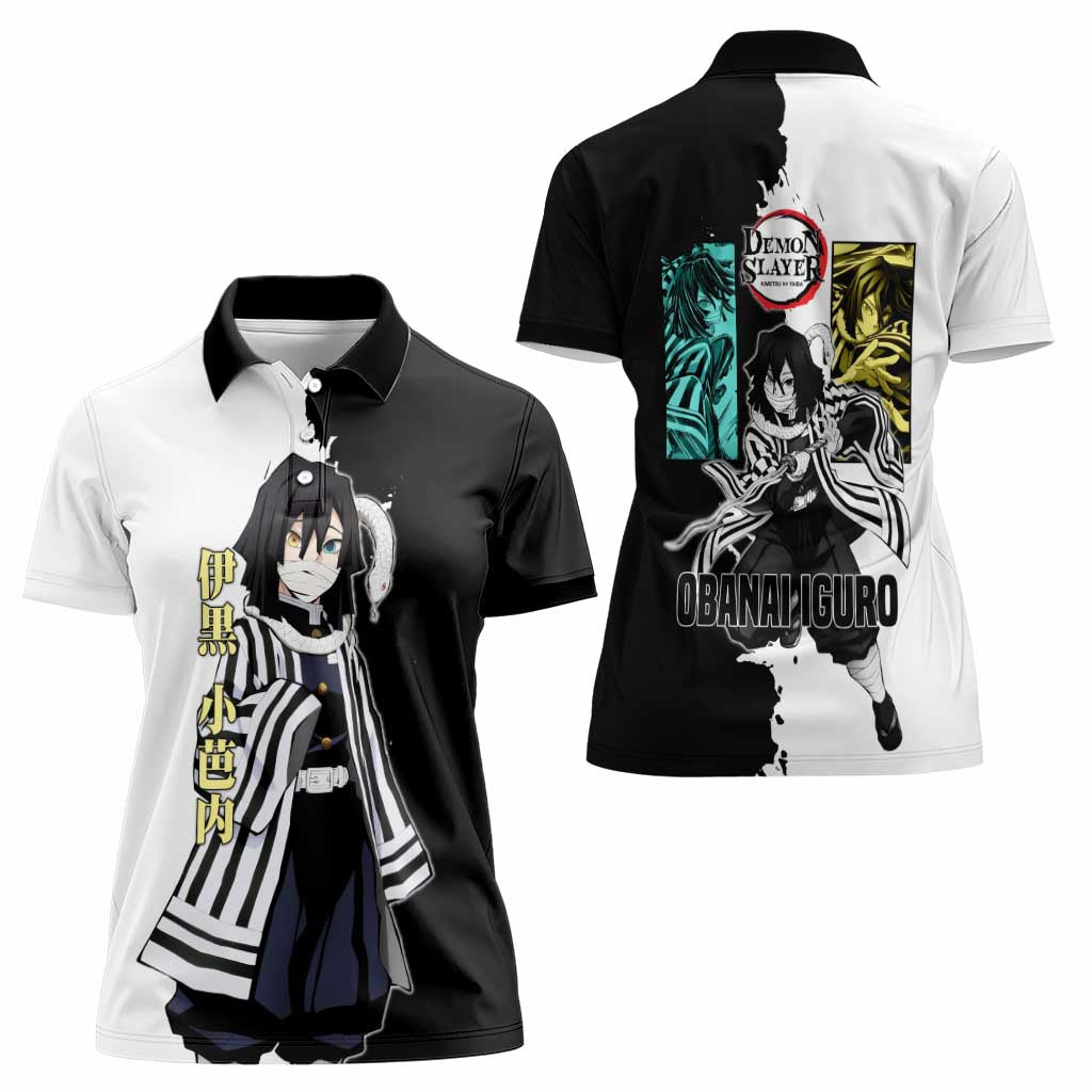 Obanai Iguro from Demon Slayer Women Polo Shirt with Black and White Contrast Background and Serpent-Themed Manga Style Design - The Mazicc