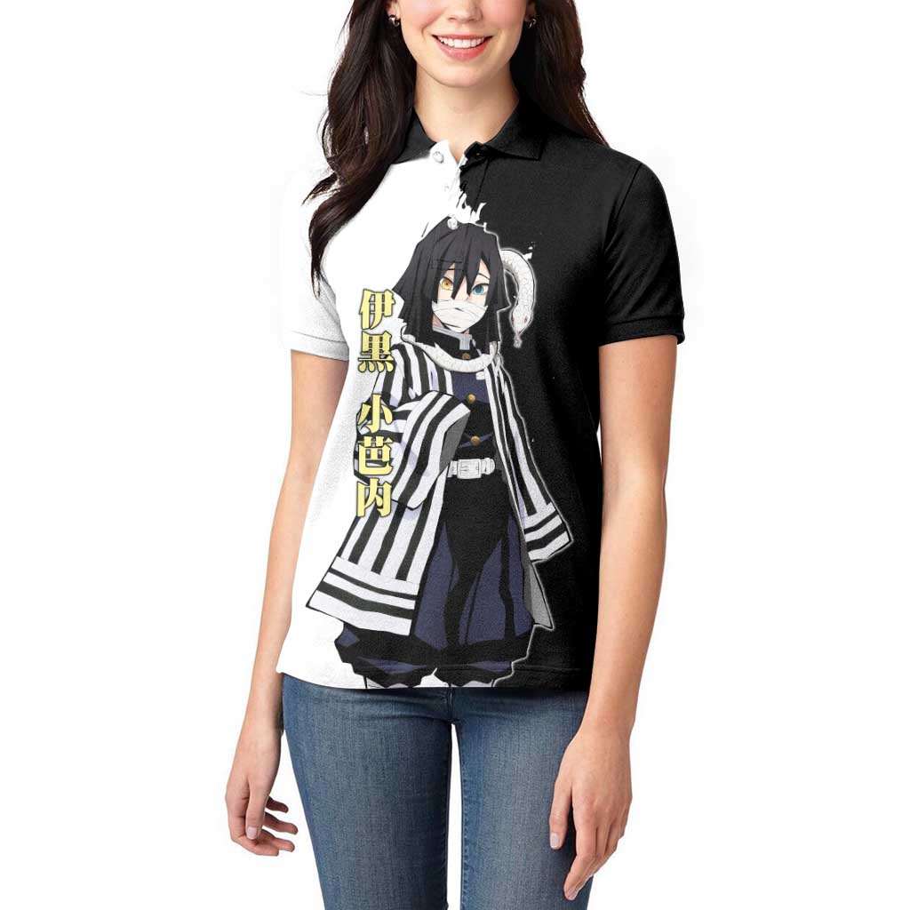 Obanai Iguro from Demon Slayer Women Polo Shirt with Black and White Contrast Background and Serpent-Themed Manga Style Design - The Mazicc