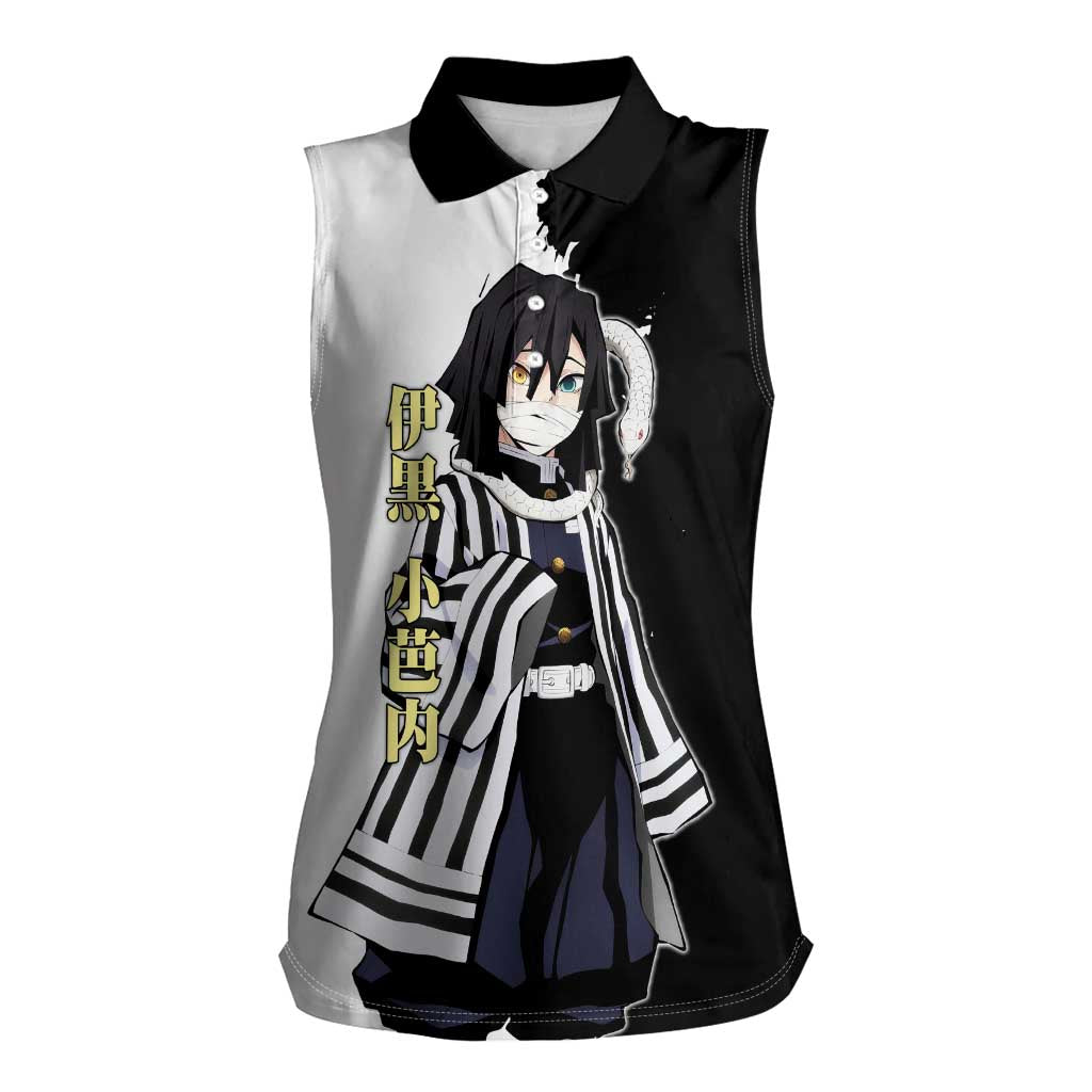 Obanai Iguro from Demon Slayer Women Sleeveless Polo Shirt with Black and White Contrast Background and Serpent-Themed Manga Style Design - The Mazicc