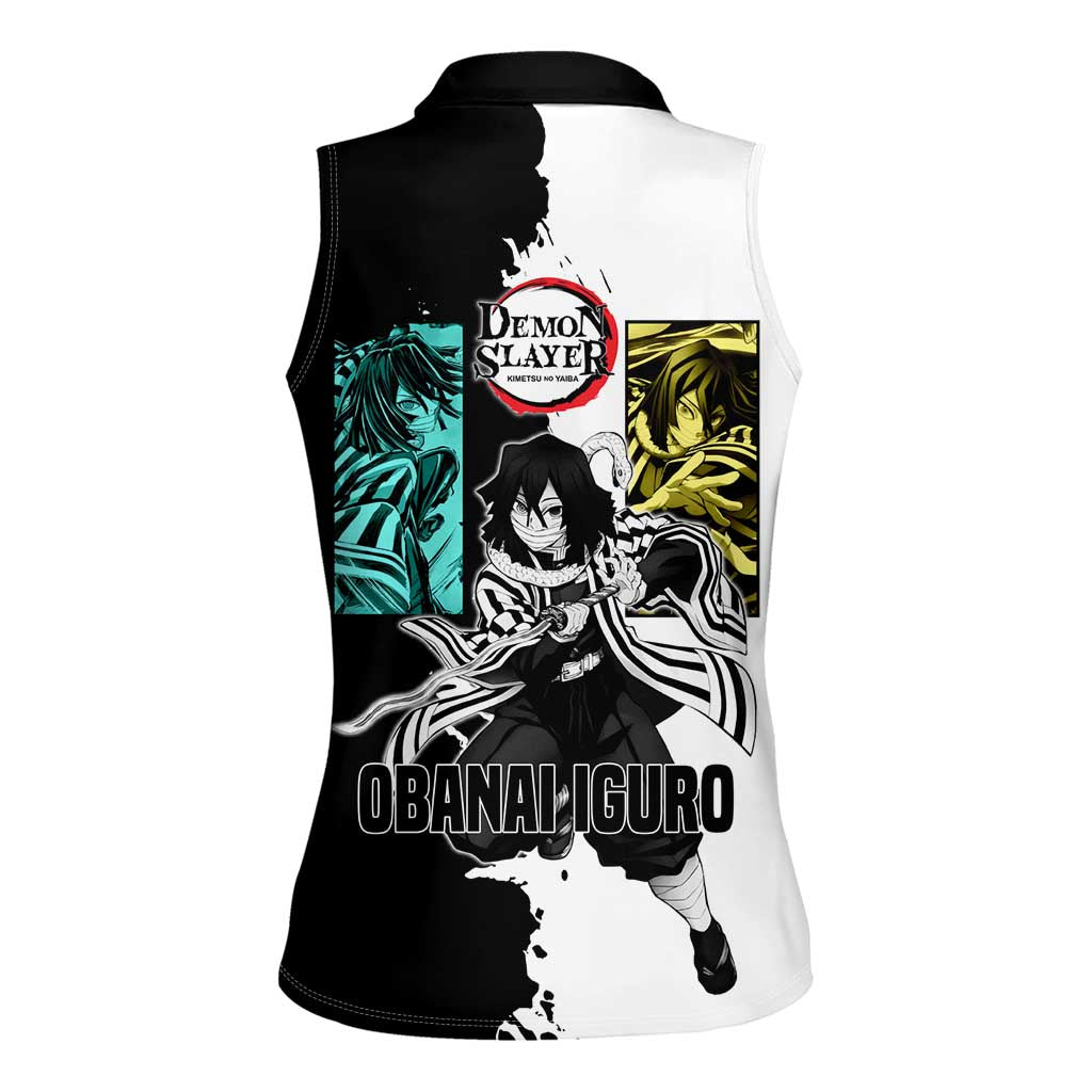 Obanai Iguro from Demon Slayer Women Sleeveless Polo Shirt with Black and White Contrast Background and Serpent-Themed Manga Style Design - The Mazicc