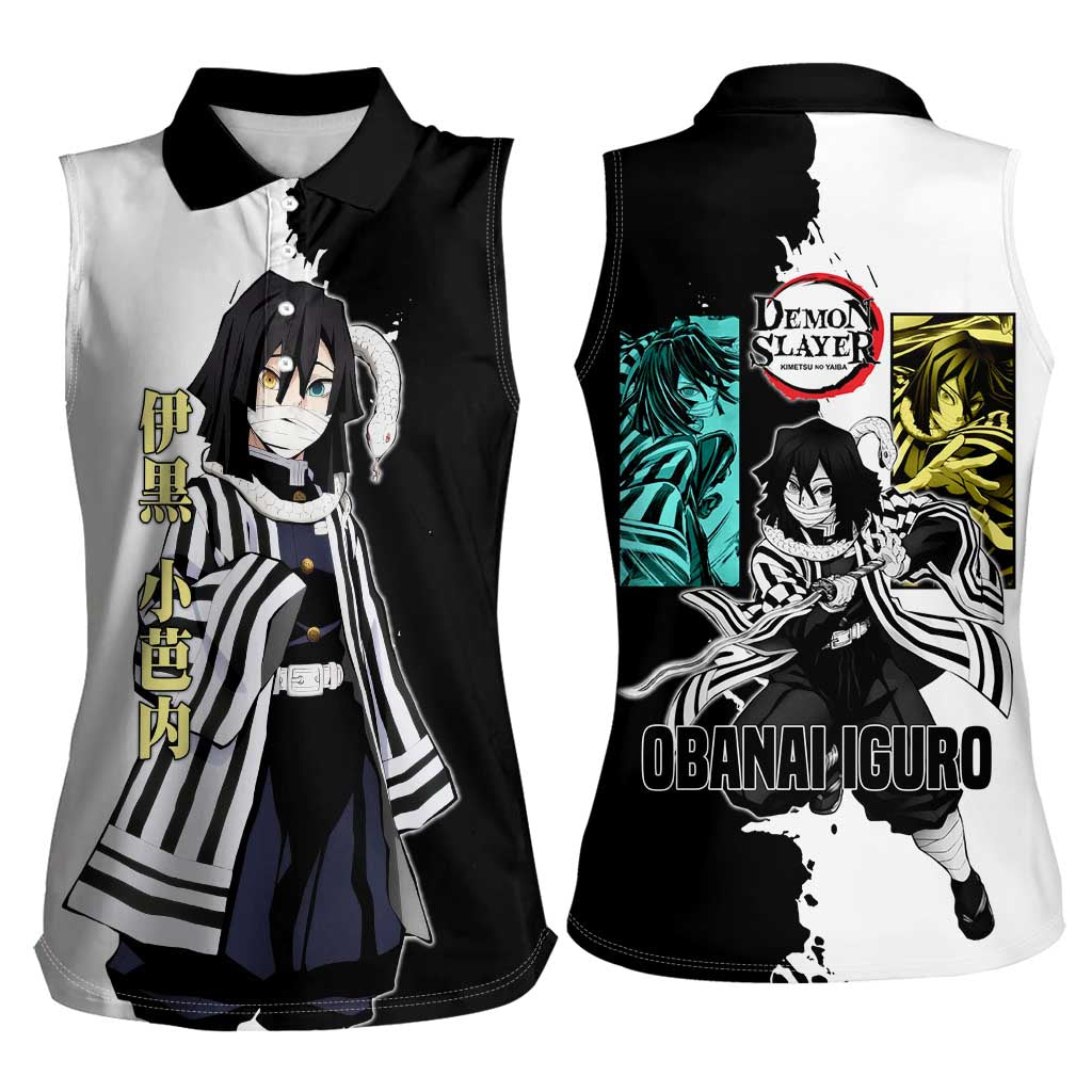 Obanai Iguro from Demon Slayer Women Sleeveless Polo Shirt with Black and White Contrast Background and Serpent-Themed Manga Style Design - The Mazicc
