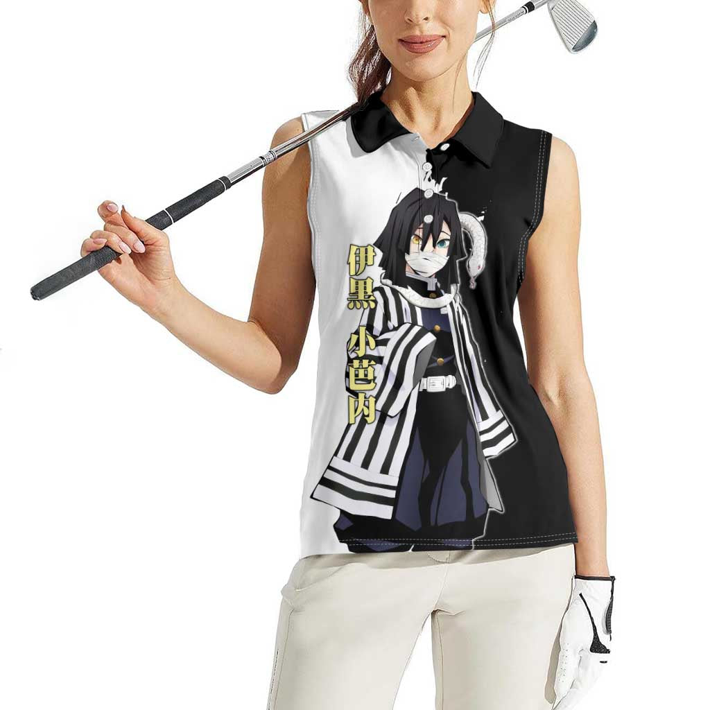 Obanai Iguro from Demon Slayer Women Sleeveless Polo Shirt with Black and White Contrast Background and Serpent-Themed Manga Style Design - The Mazicc