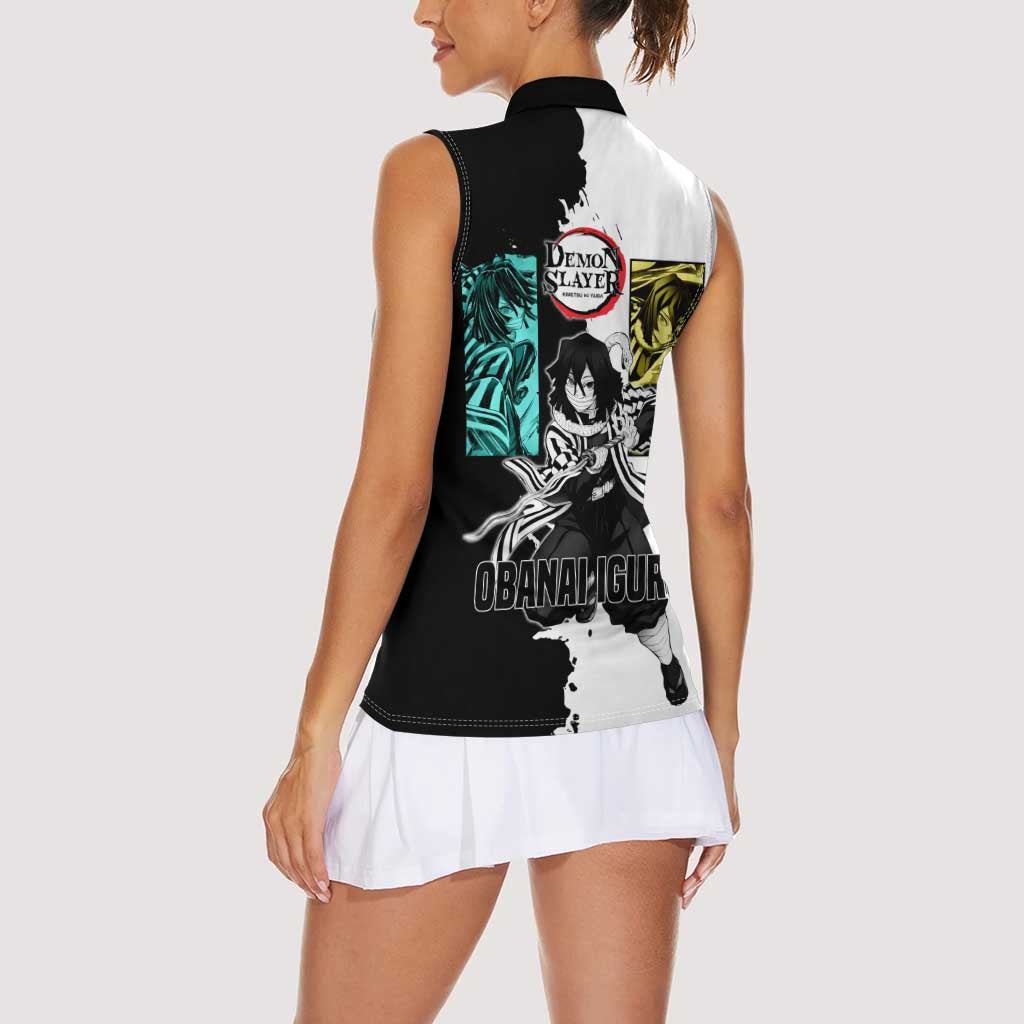 Obanai Iguro from Demon Slayer Women Sleeveless Polo Shirt with Black and White Contrast Background and Serpent-Themed Manga Style Design - The Mazicc