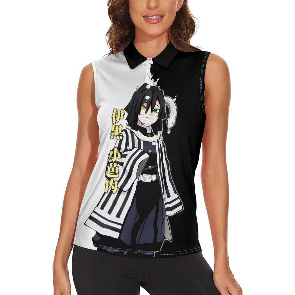 Obanai Iguro from Demon Slayer Women Sleeveless Polo Shirt with Black and White Contrast Background and Serpent-Themed Manga Style Design - The Mazicc