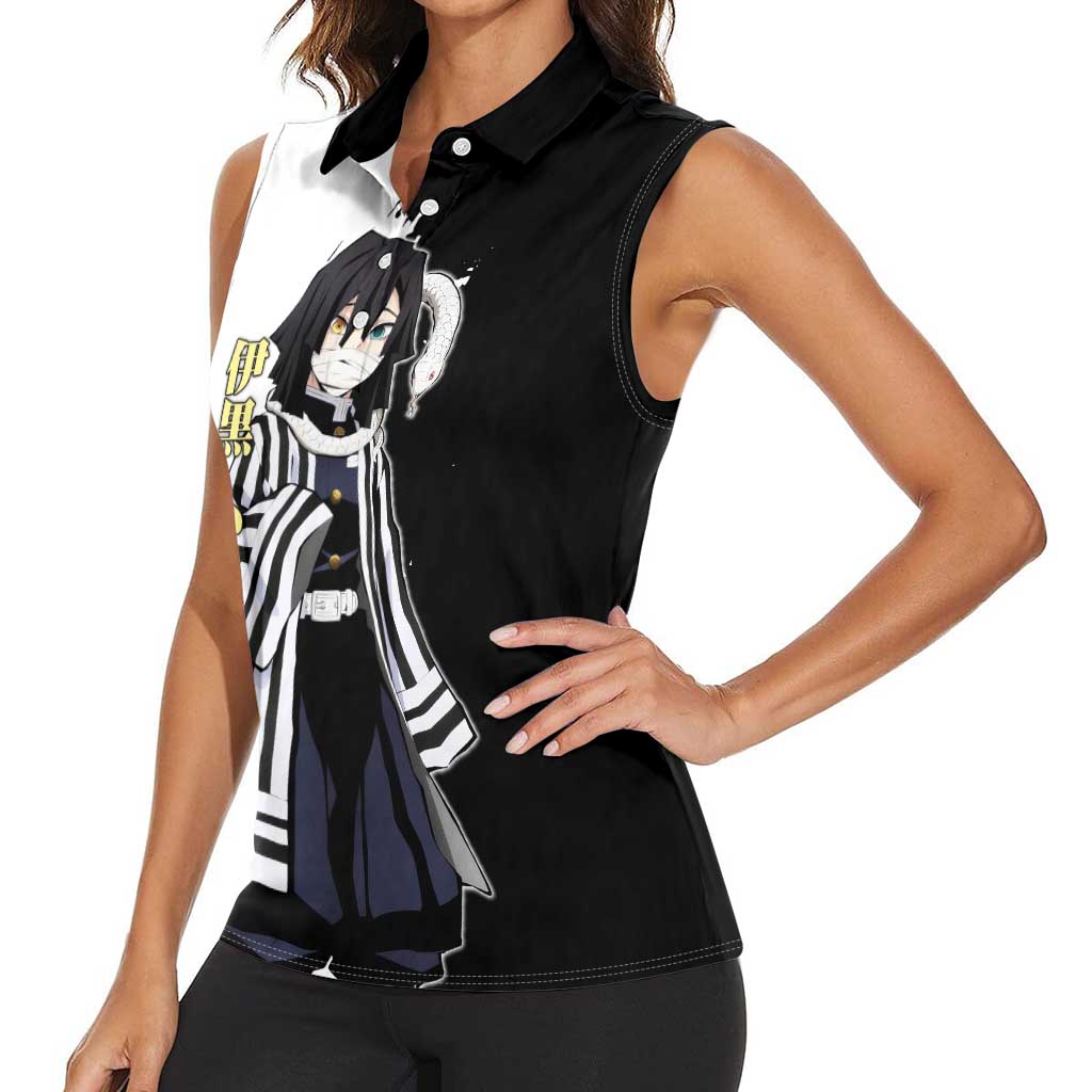 Obanai Iguro from Demon Slayer Women Sleeveless Polo Shirt with Black and White Contrast Background and Serpent-Themed Manga Style Design - The Mazicc