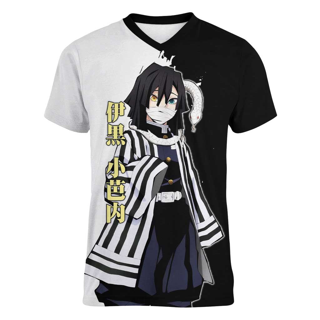 Obanai Iguro from Demon Slayer Women V-Neck T-Shirt with Black and White Contrast Background and Serpent-Themed Manga Style Design - The Mazicc