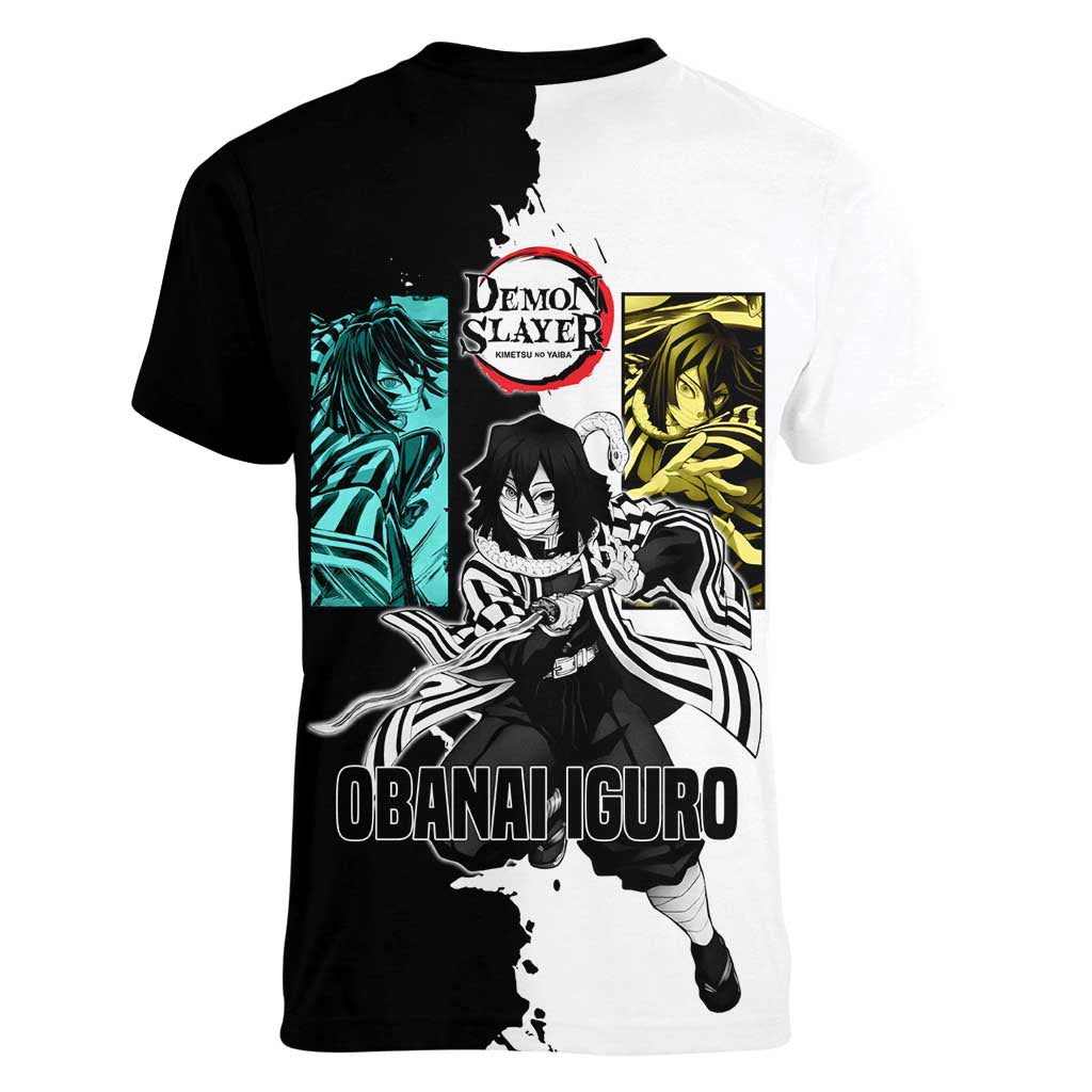 Obanai Iguro from Demon Slayer Women V-Neck T-Shirt with Black and White Contrast Background and Serpent-Themed Manga Style Design - The Mazicc