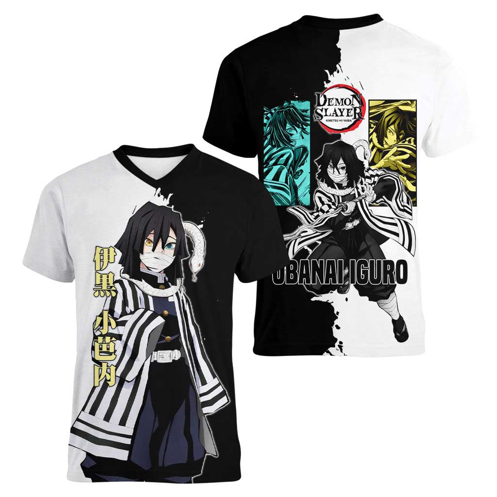 Obanai Iguro from Demon Slayer Women V-Neck T-Shirt with Black and White Contrast Background and Serpent-Themed Manga Style Design - The Mazicc