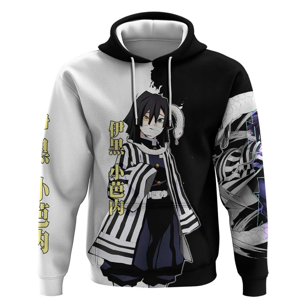 Obanai Iguro from Demon Slayer Zip Hoodie with Black and White Contrast Background and Serpent-Themed Manga Style Design - The Mazicc