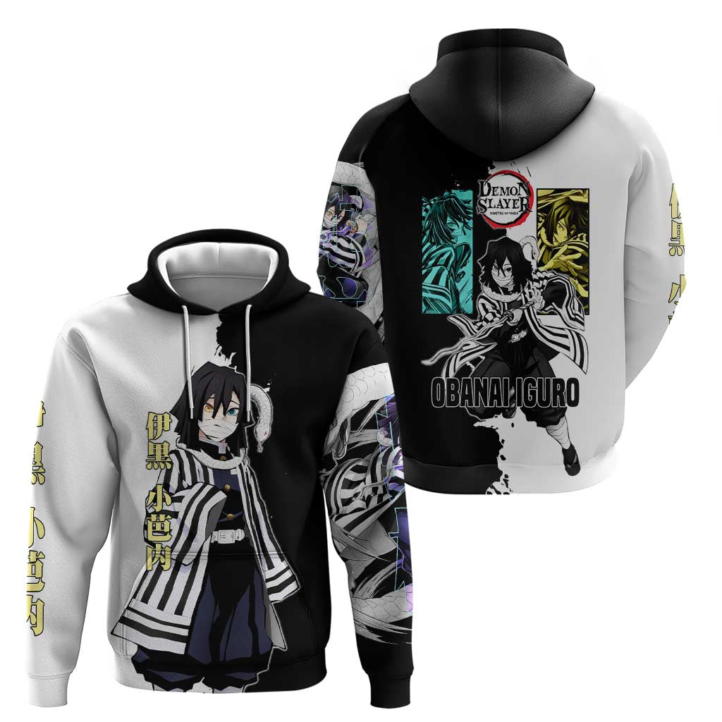 Obanai Iguro from Demon Slayer Zip Hoodie with Black and White Contrast Background and Serpent-Themed Manga Style Design - The Mazicc