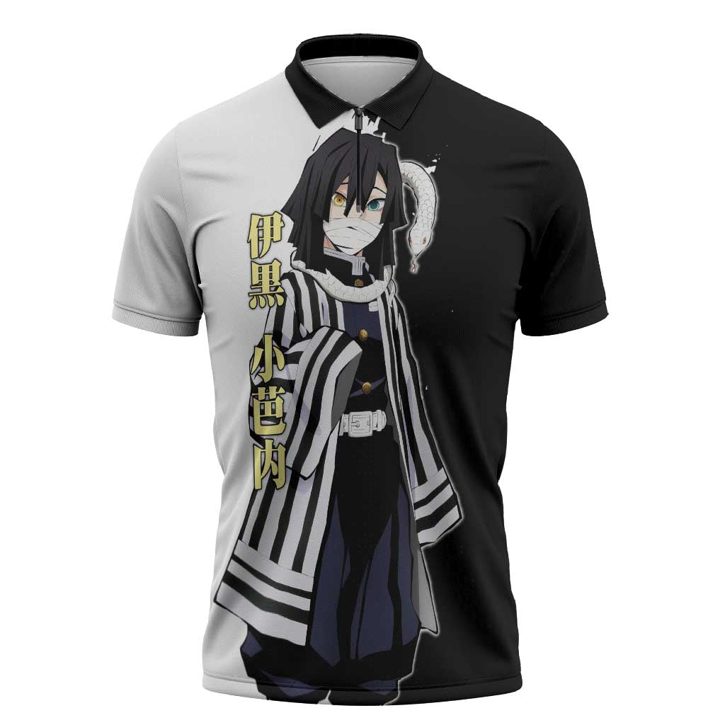 Obanai Iguro from Demon Slayer Zipper Polo Shirt with Black and White Contrast Background and Serpent-Themed Manga Style Design - The Mazicc