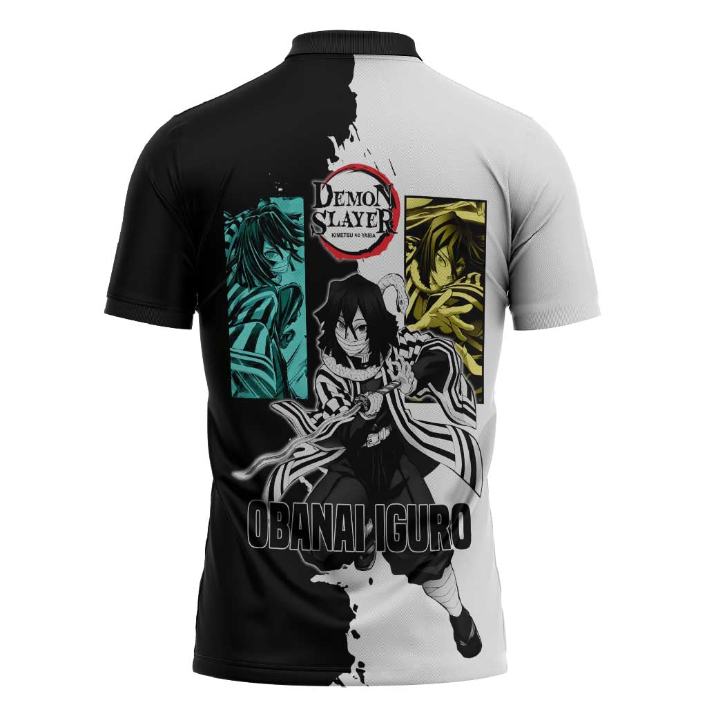 Obanai Iguro from Demon Slayer Zipper Polo Shirt with Black and White Contrast Background and Serpent-Themed Manga Style Design - The Mazicc
