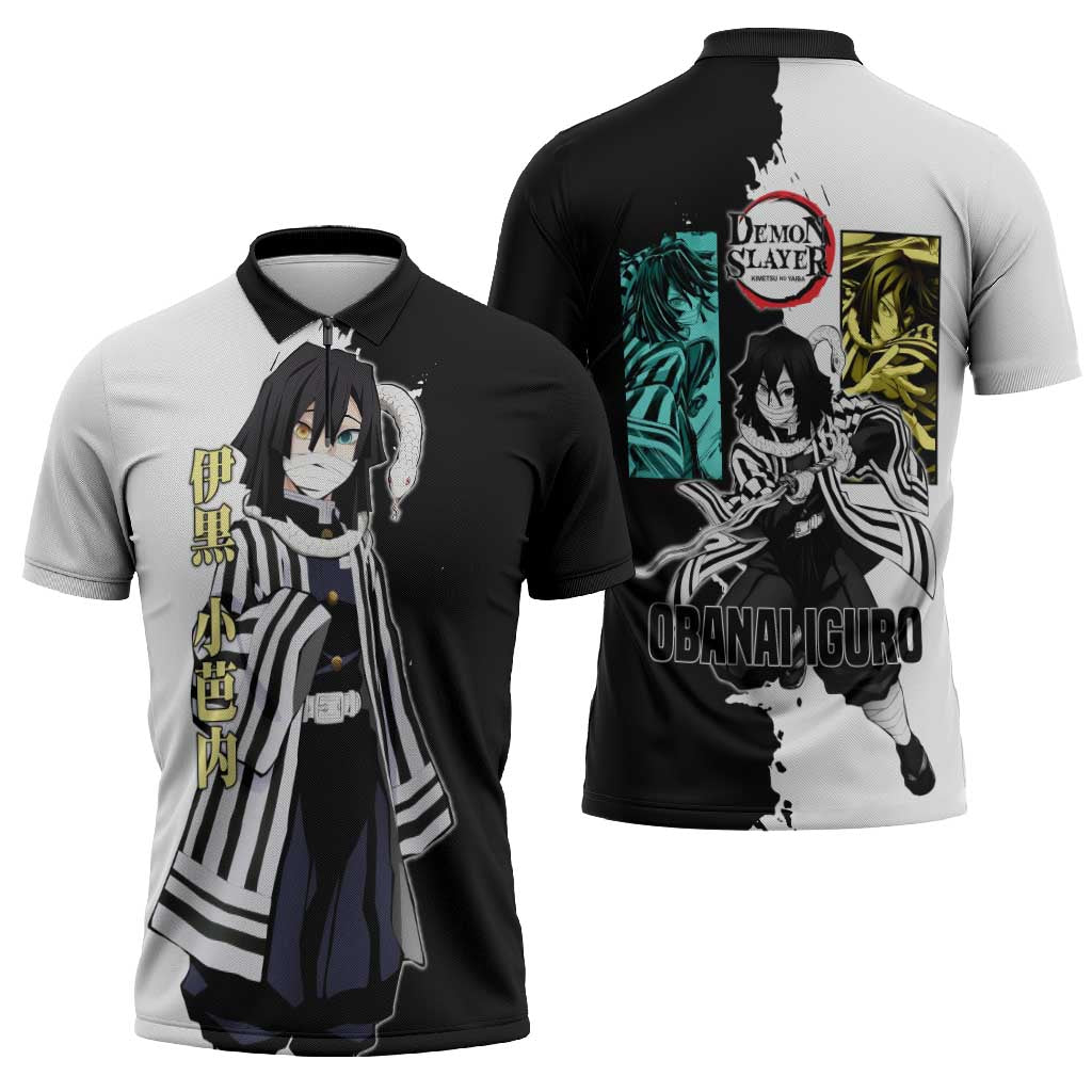 Obanai Iguro from Demon Slayer Zipper Polo Shirt with Black and White Contrast Background and Serpent-Themed Manga Style Design - The Mazicc