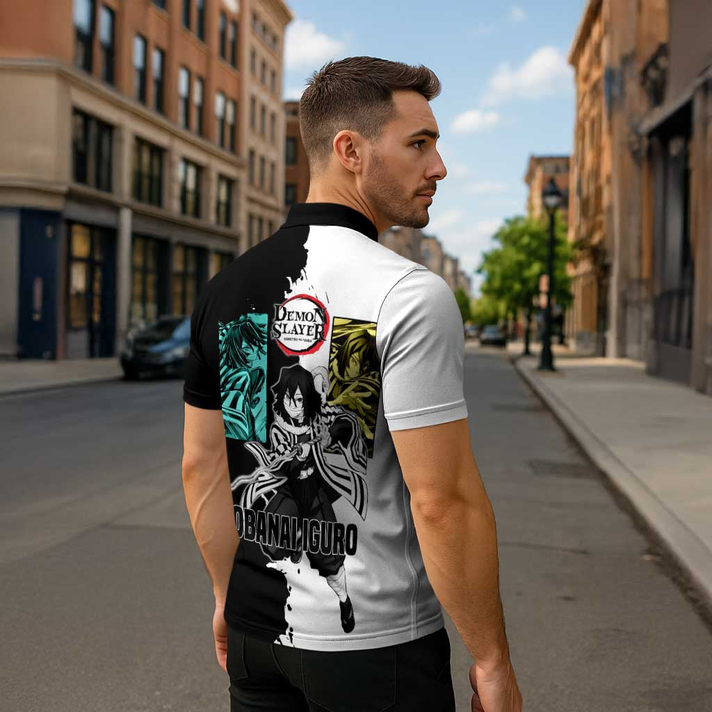 Obanai Iguro from Demon Slayer Zipper Polo Shirt with Black and White Contrast Background and Serpent-Themed Manga Style Design - The Mazicc