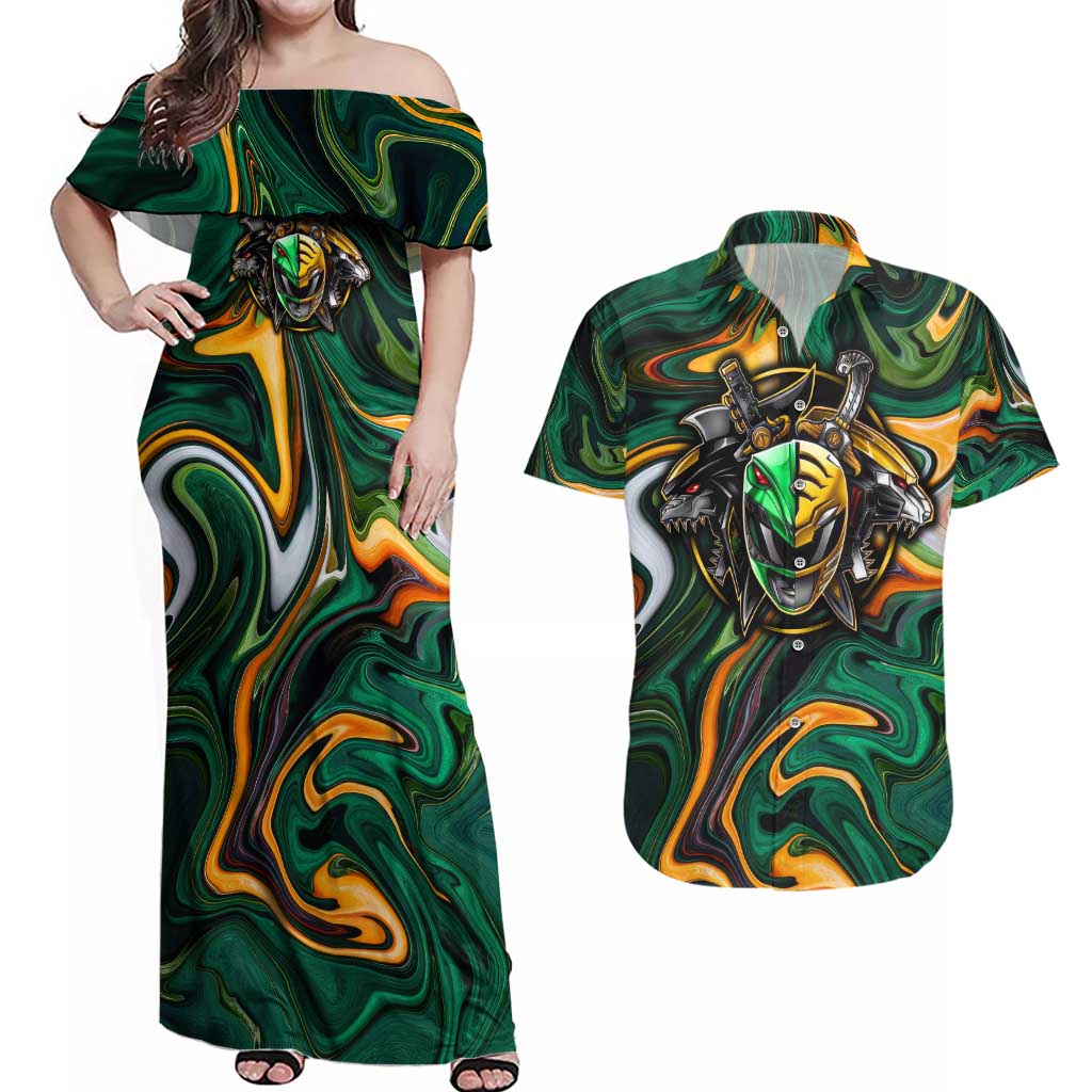 Trippy Green White Power Rangers Couples Matching Off Shoulder Maxi Dress and Hawaiian Shirt Anime Style