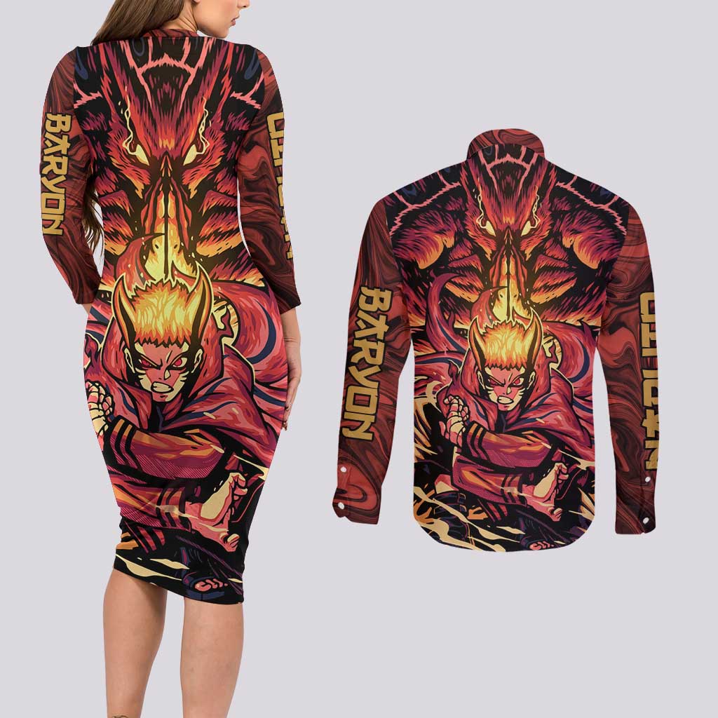 Trippy Naruto Baryon Mode Boruto Couples Matching Long Sleeve Bodycon Dress and Long Sleeve Button Shirt Anime Style